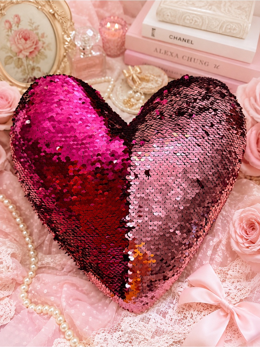 Pink Reversible Flip Sequin Heart Pillow 14” Coquette Glam Girly Accent Decor